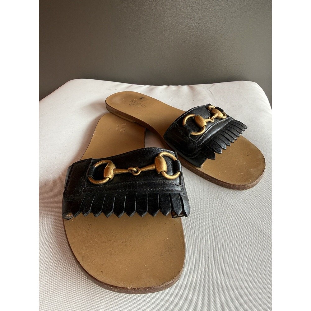 Gucci Varadero Leather Horsebit Slide Sandals Black Gold Fringe Size 37